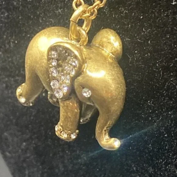 Signed J.Crew  Necklace Gold-Tone Rhinestone Elephant Trunk Up Pendant 28 +3" - Picture 3 of 13